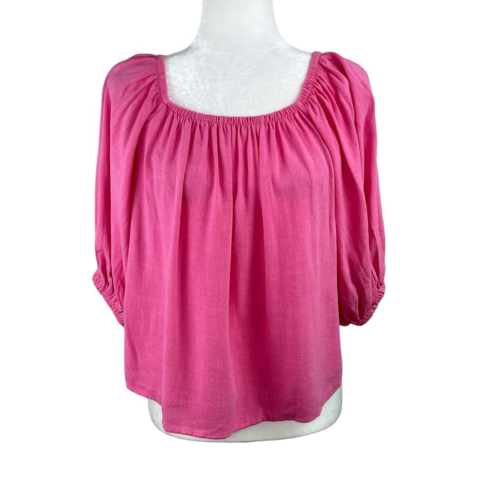 Topshop Pink Linen Blend Square Neck Peasant Top 1/2 Sleeve 6 NWT
